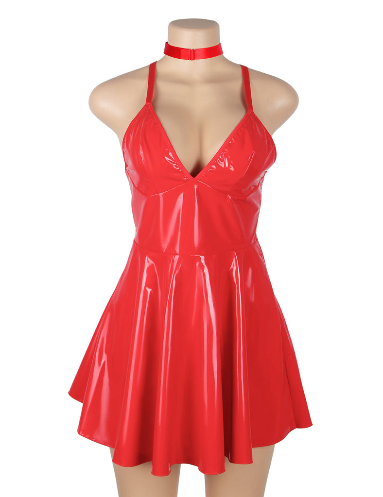 Red Sexy Deep V-Neck Wet Look Faux Leather Suspender Nightdress Egypt