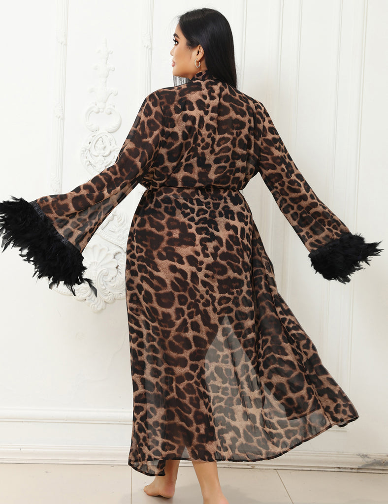 Sexy Leopard Print Chiffon Feather Long Robe Egypt With Belt