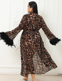 Sexy Leopard Print Chiffon Feather Long Robe Egypt With Belt