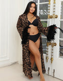 Sexy Leopard Print Chiffon Feather Long Robe Egypt With Belt