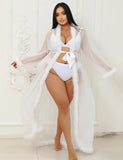 Sexy Mesh Imitation Mink Fur Trim Long Robe Egypt With Belt Lingerie