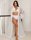 Sexy Mesh Imitation Mink Fur Trim Long Robe Egypt With Belt Lingerie