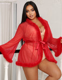 Sexy Mesh Mink Fur Trim Short Robe Egypt With Belt