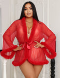 Sexy Mesh Mink Fur Trim Short Robe Egypt With Belt