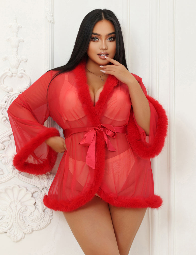 Sexy Mesh Mink Fur Trim Short Robe Egypt With Belt