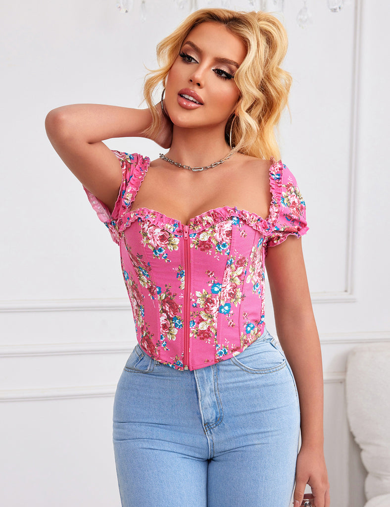8 Pieces Plastic Bones Sexy Puff Sleeves Printed Palace Style Corset Egypt