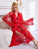 Red Sexy Egypt Lace Satin Mesh Long Nightgown With Belt