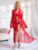 Red Sexy Egypt Lace Satin Mesh Long Nightgown With Belt