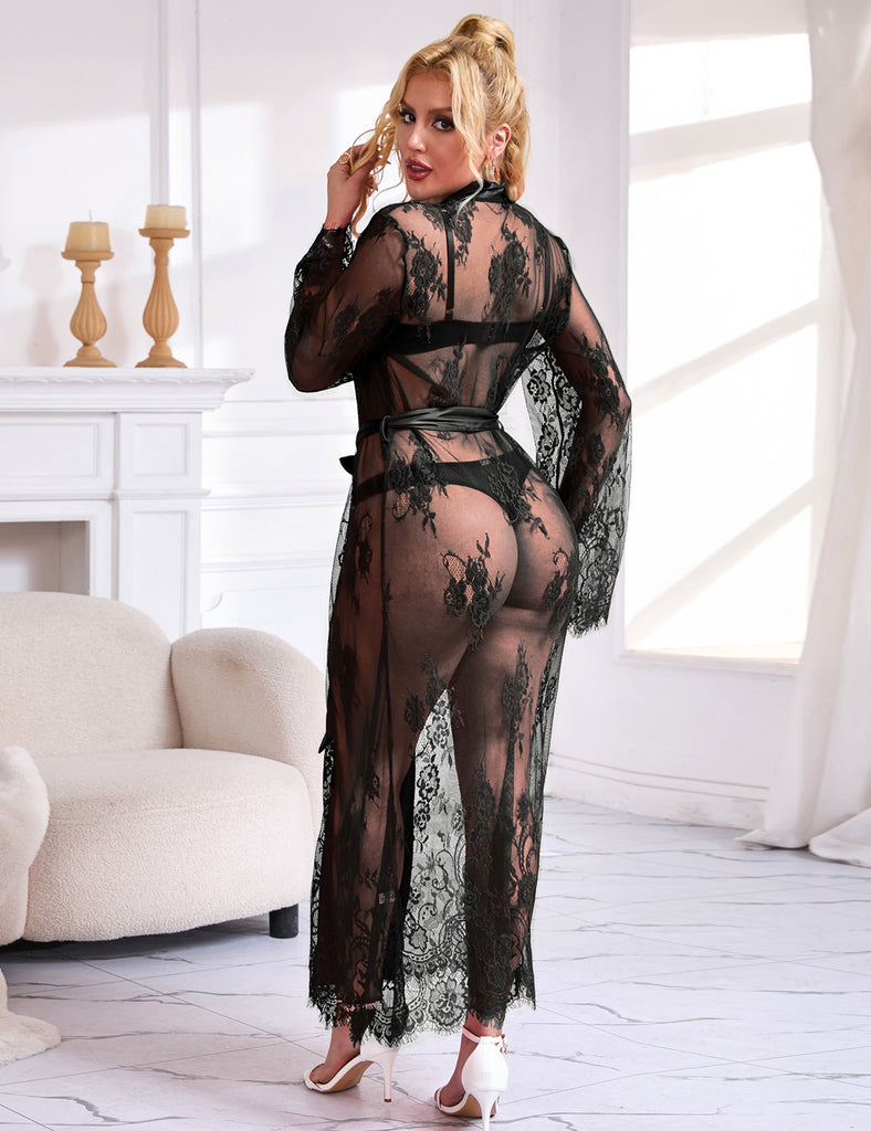 Red Sexy Egypt Lace Satin Mesh Long Nightgown With Belt
