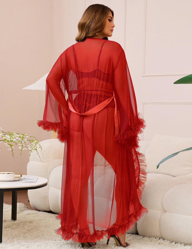 Sexy Mesh Ruffled Long Robe With Belt