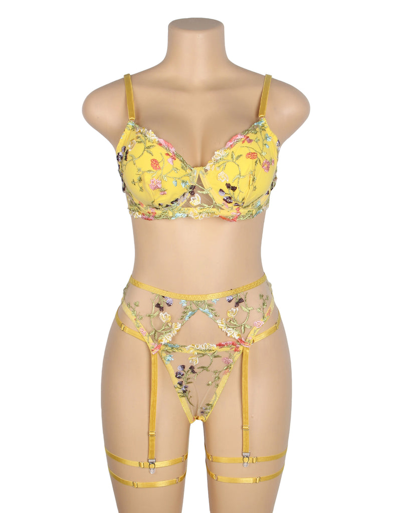 Sexy Egypt Mesh Embroidery Floral Lace Bra Set with Garter Leg Rings