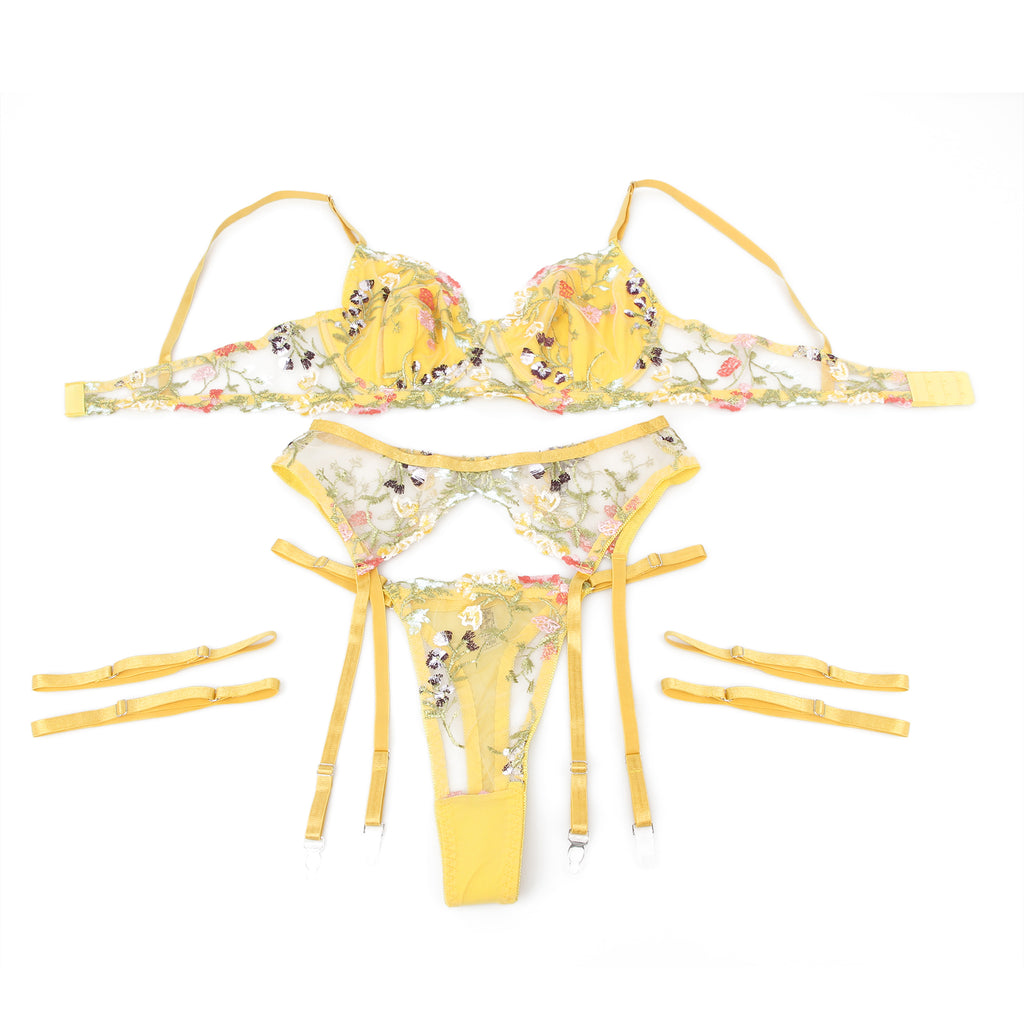 Sexy Egypt Mesh Embroidery Floral Lace Bra Set with Garter Leg Rings