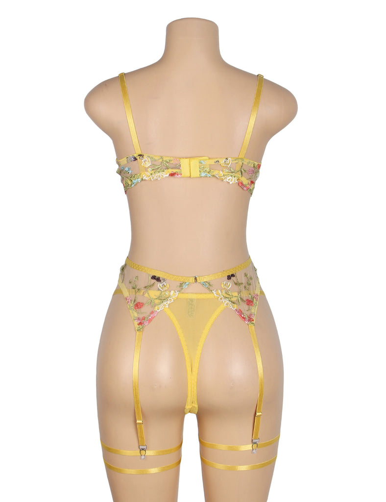 Sexy Egypt Mesh Embroidery Floral Lace Bra Set with Garter Leg Rings