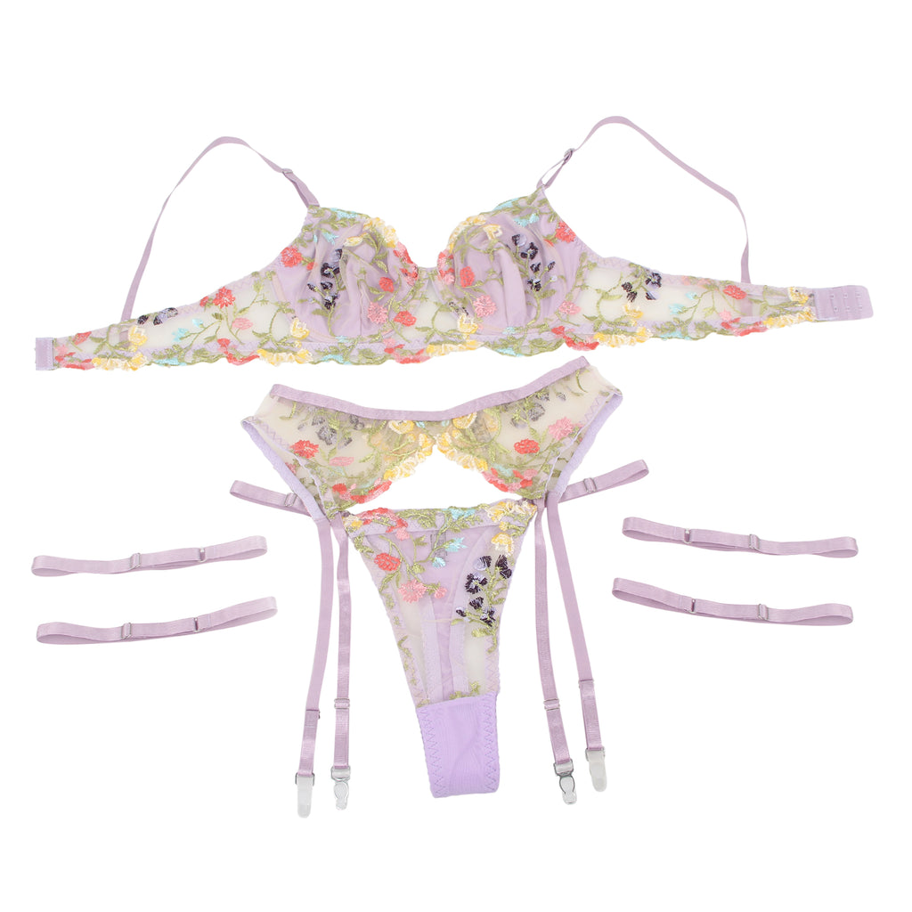 Sexy Egypt Mesh Embroidery Floral Lace Bra Set with Garter Leg Rings