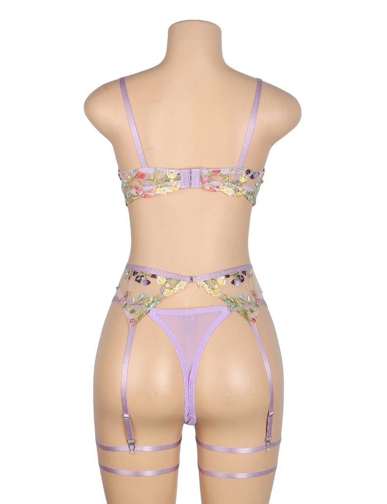 Sexy Egypt Mesh Embroidery Floral Lace Bra Set with Garter Leg Rings