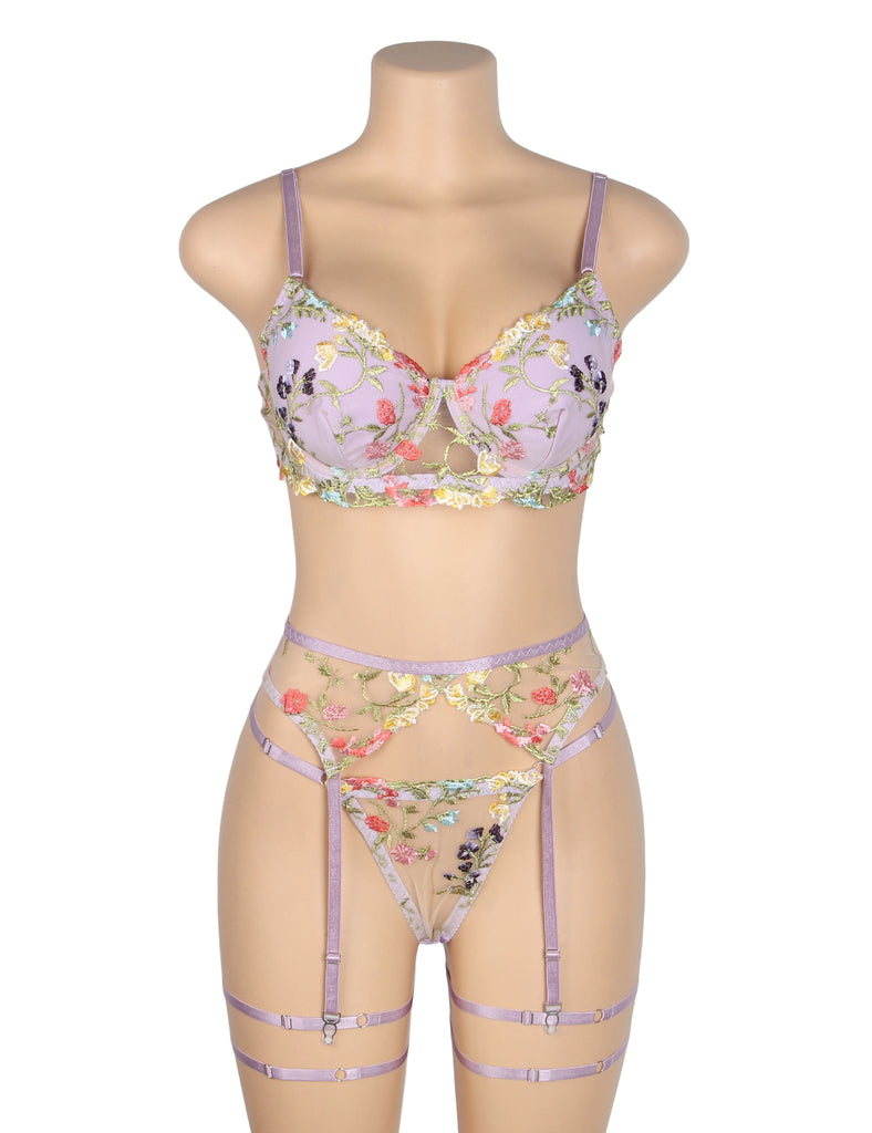 Sexy Egypt Mesh Embroidery Floral Lace Bra Set with Garter Leg Rings