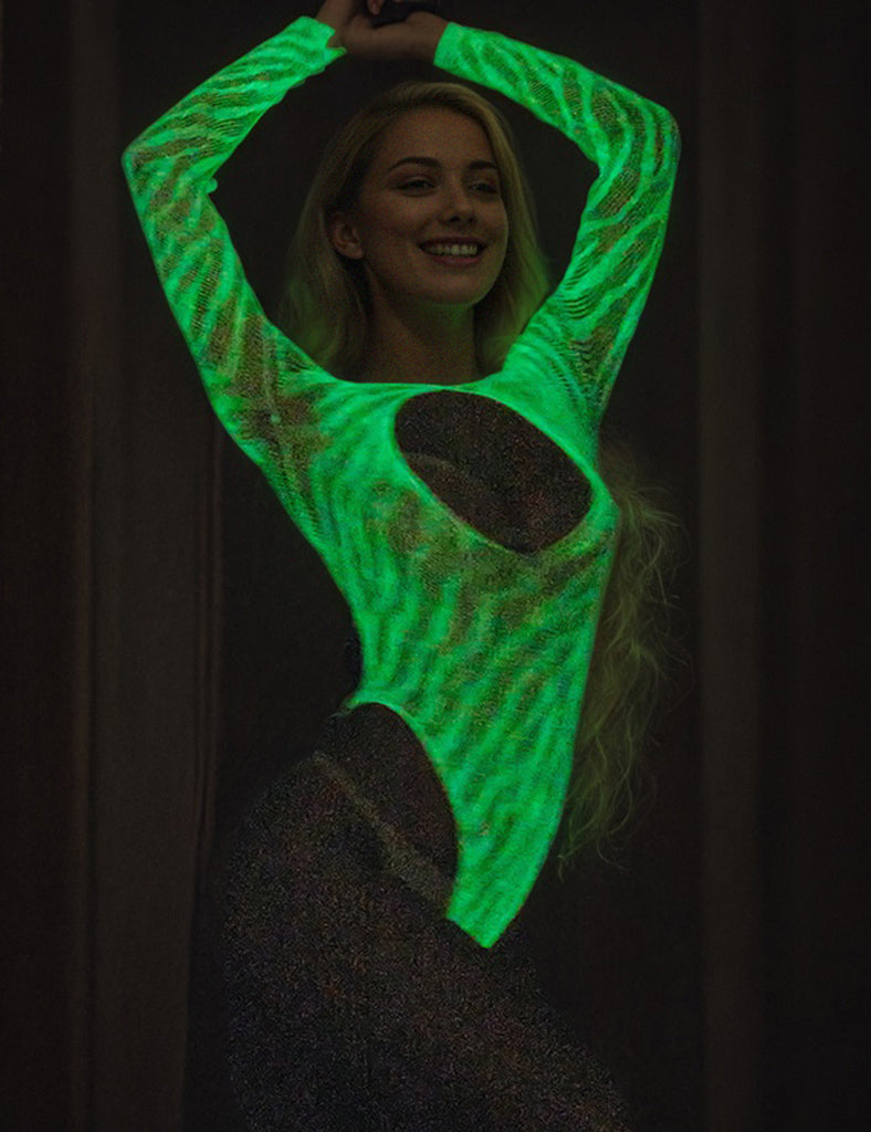 White Sexy Open Chest Striped Luminous High-cut Bodysuit With Long Sleeves