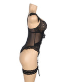 Sexy Egypt Jacquard Lace Mesh Crotchless Bodysuit With Garter