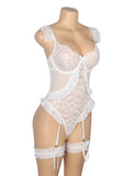 Sexy Egypt Jacquard Lace Mesh Crotchless Bodysuit With Garter