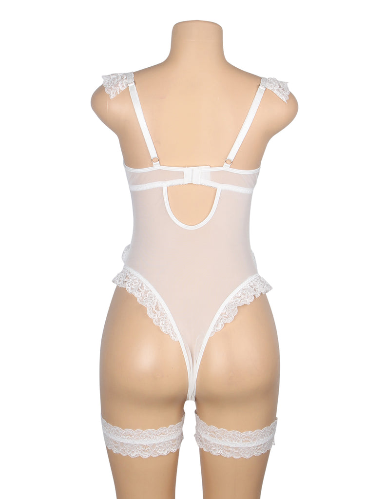 Sexy Egypt Jacquard Lace Mesh Crotchless Bodysuit With Garter