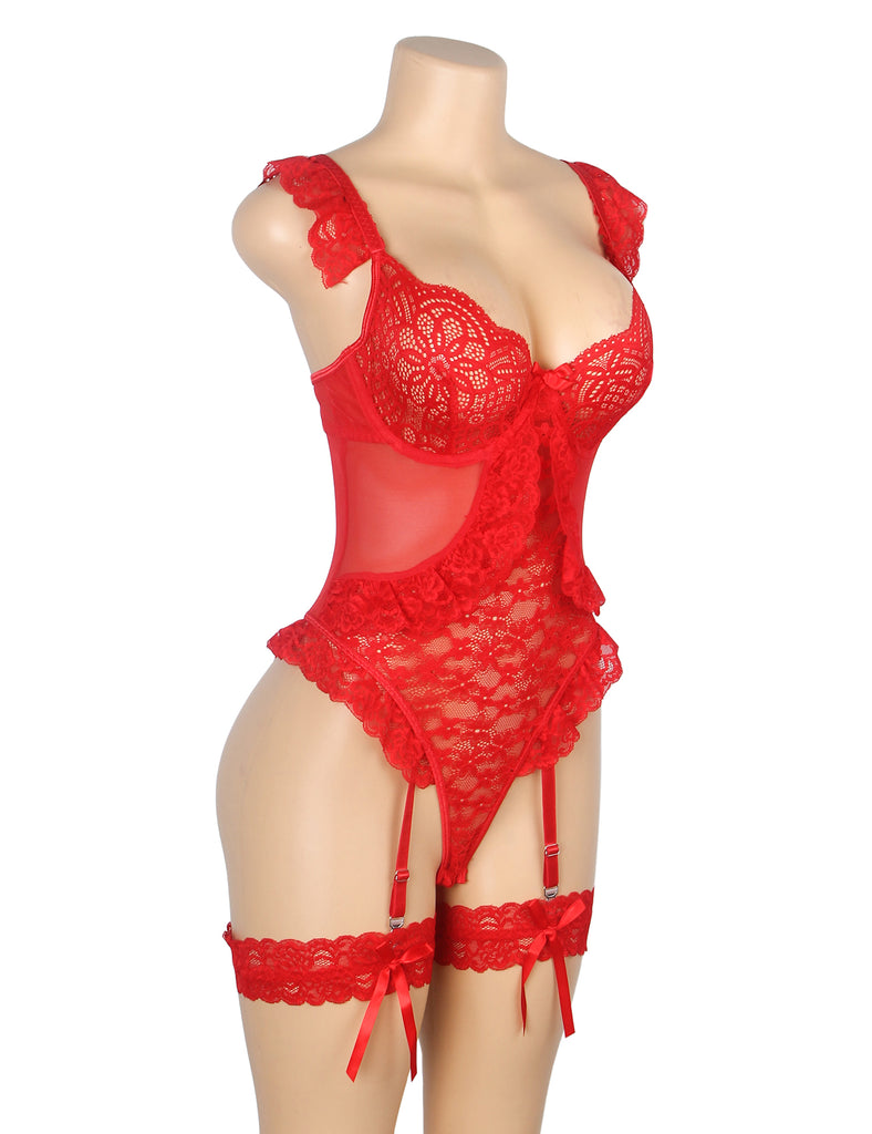 Sexy Egypt Jacquard Lace Mesh Crotchless Bodysuit With Garter