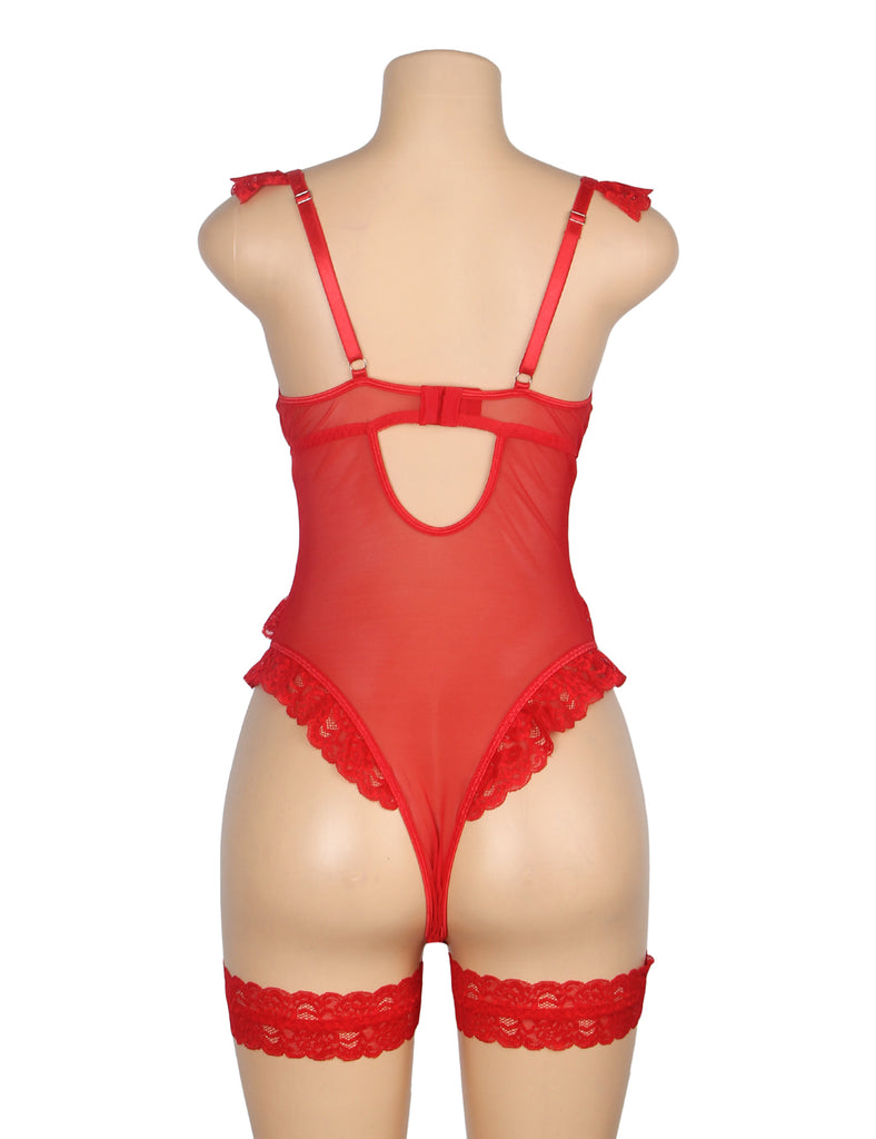 Sexy Egypt Jacquard Lace Mesh Crotchless Bodysuit With Garter