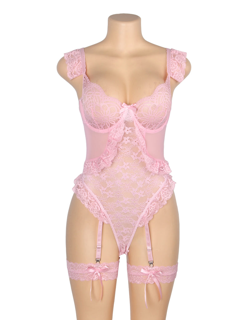 Sexy Egypt Jacquard Lace Mesh Crotchless Bodysuit With Garter