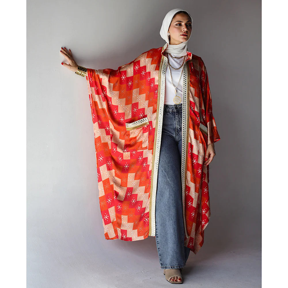 Orange mirror embroidered kaftan cardigan