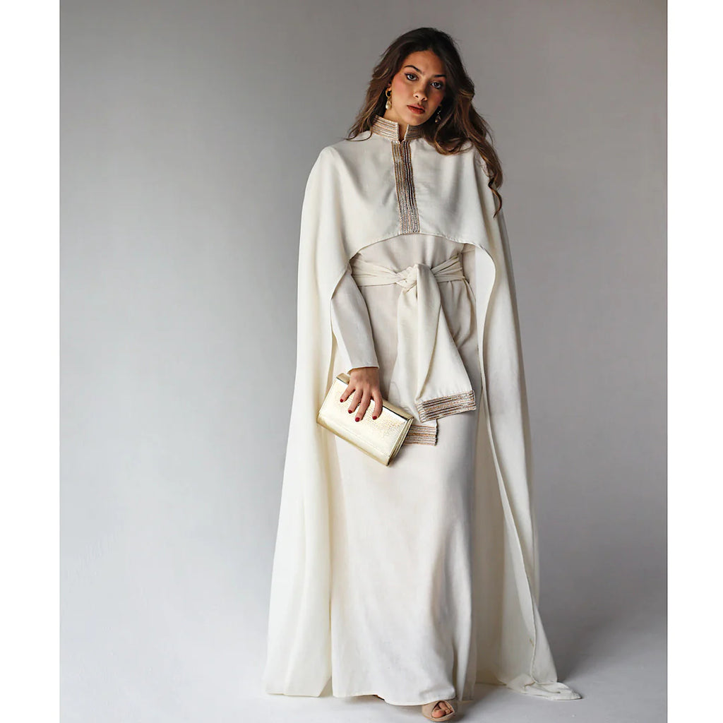 Linen blend embroidered cape kaftan