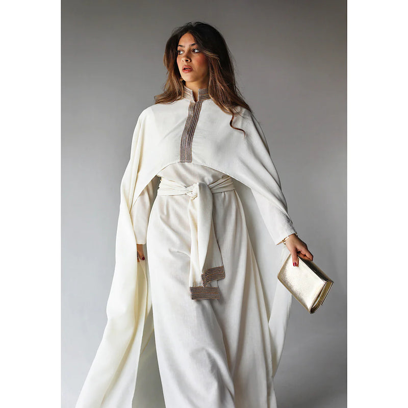 Linen blend embroidered cape kaftan