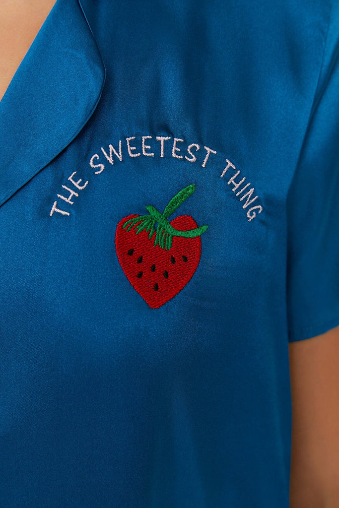 Dark Blue Embroidered Satin Pajamas Egypt Set