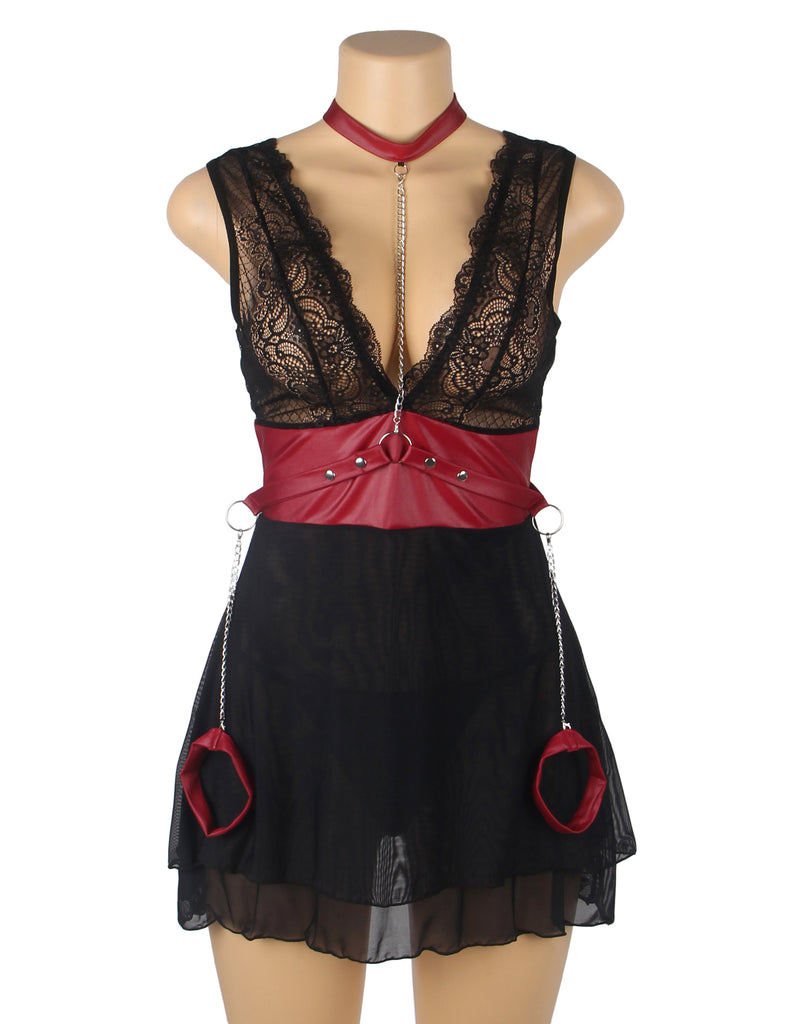 Black Mesh Lace Faux Leather Sexy Bondage Lingerie