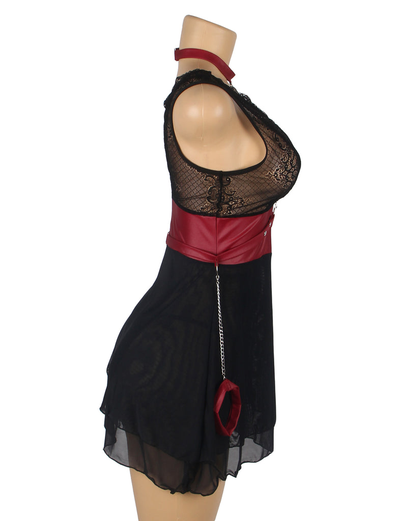 Black Mesh Lace Faux Leather Sexy Bondage Lingerie