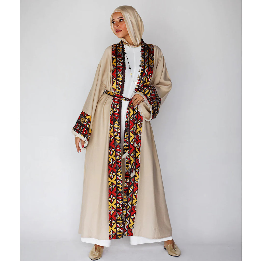 Linen & printed satin kaftan