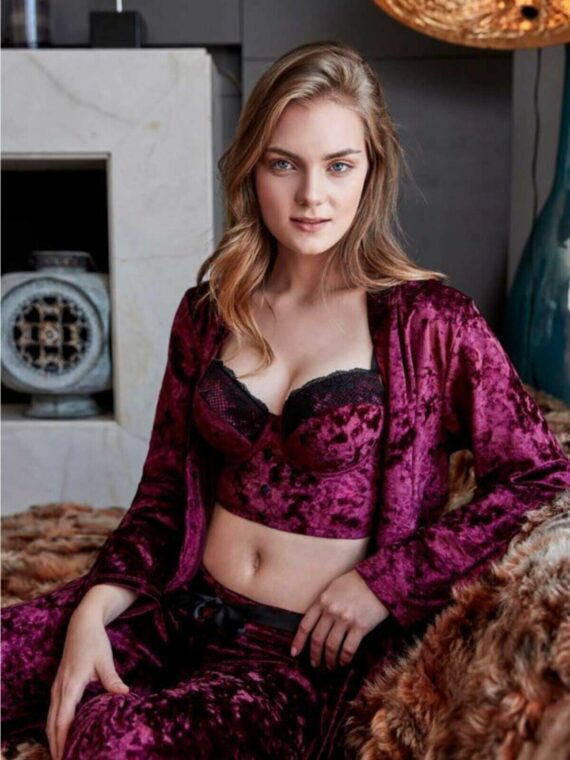 Anil Women’s Velvet Dressing Gown Baleen Padded Padded Straps Removable Lace Bustier Bra And Trouser Pajamas