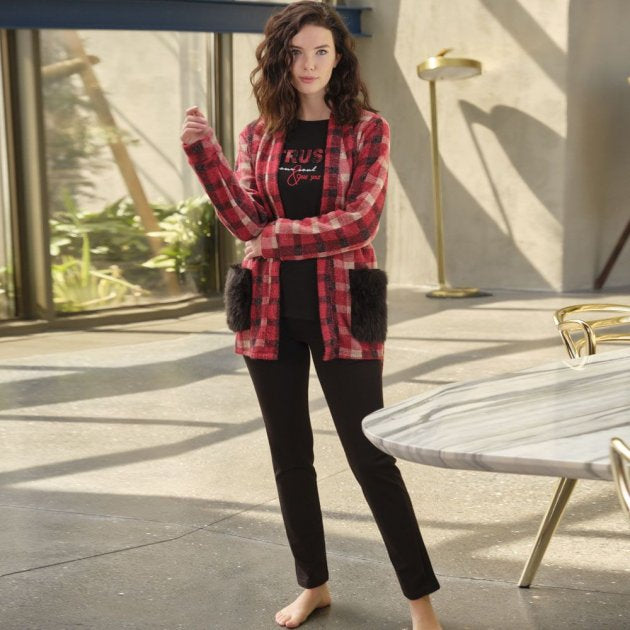 Anil Women’s Plaid Side Pockets Gown Chest Print Long Sleeve Sweatshirt & Pants 3 Pieces Set