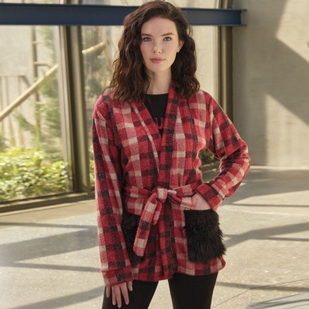 Anil Women’s Plaid Side Pockets Gown Chest Print Long Sleeve Sweatshirt & Pants 3 Pieces Set