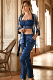 Padding Without Padding Lace Bustier Bra And Satin Trousers Pajamas 3-Piece Set