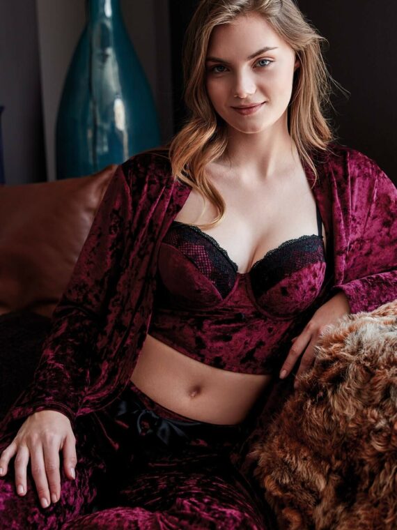 Anil Women’s Velvet Dressing Gown Baleen Padded Padded Straps Removable Lace Bustier Bra And Trouser Pajamas