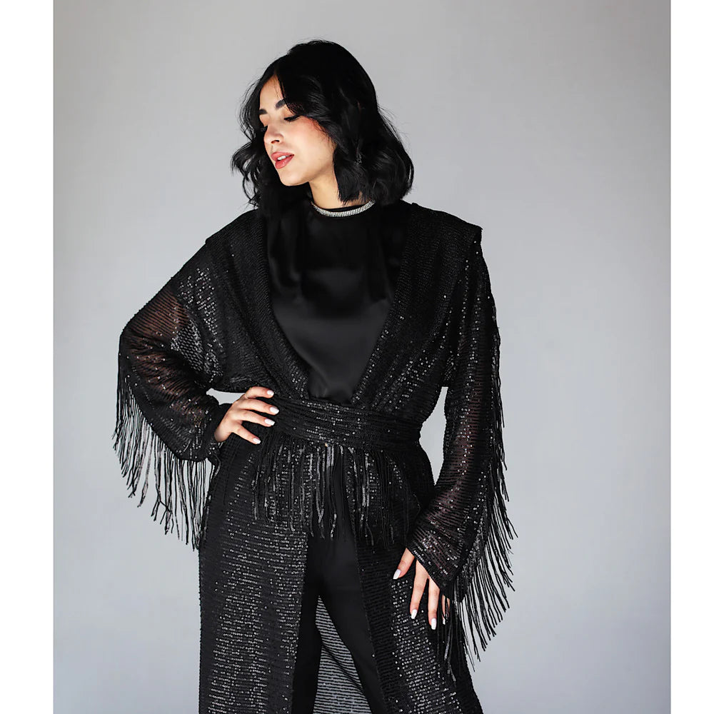 Sequined shawl long cardigan