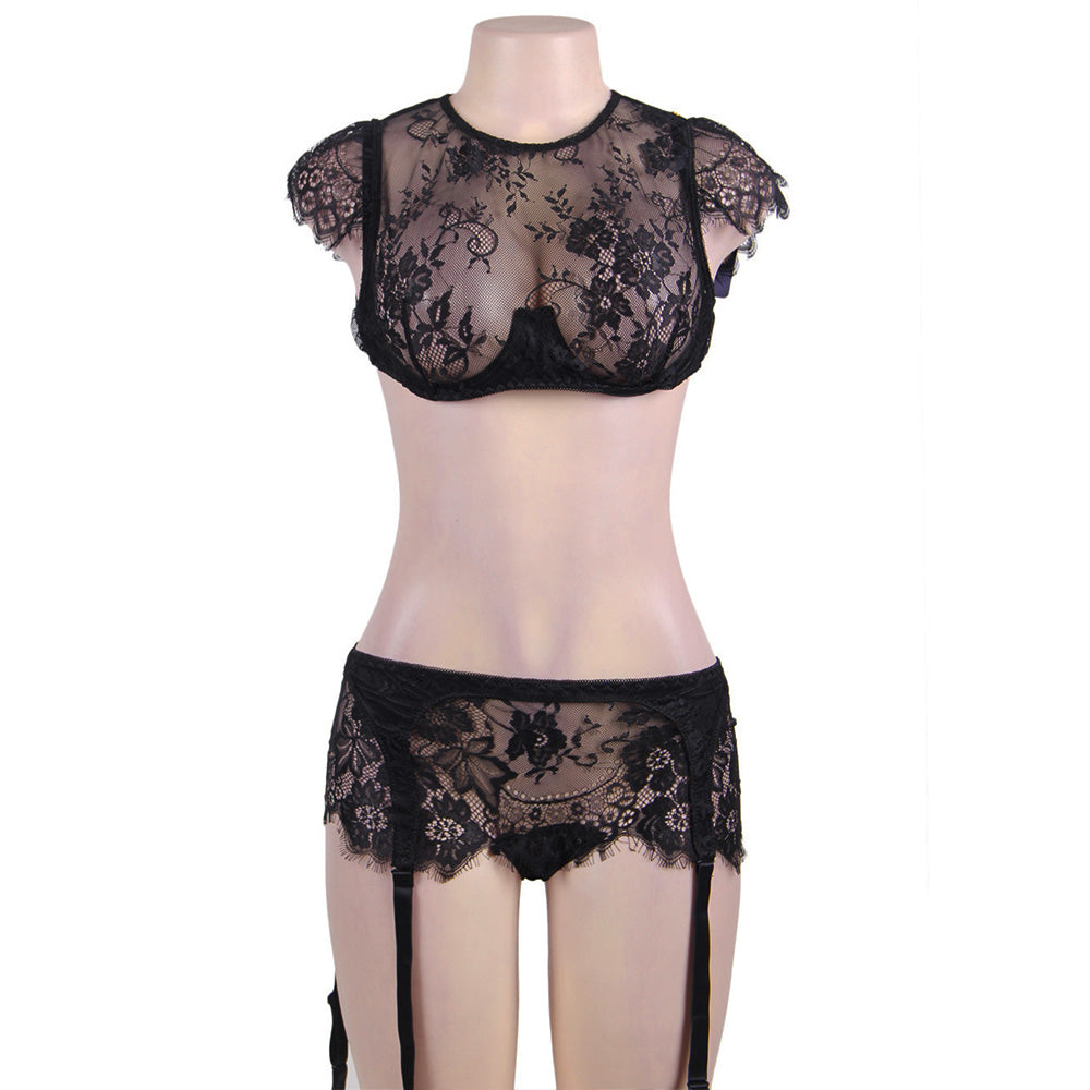 Eyelash Lace Trim Black Lingerie Set Egypt