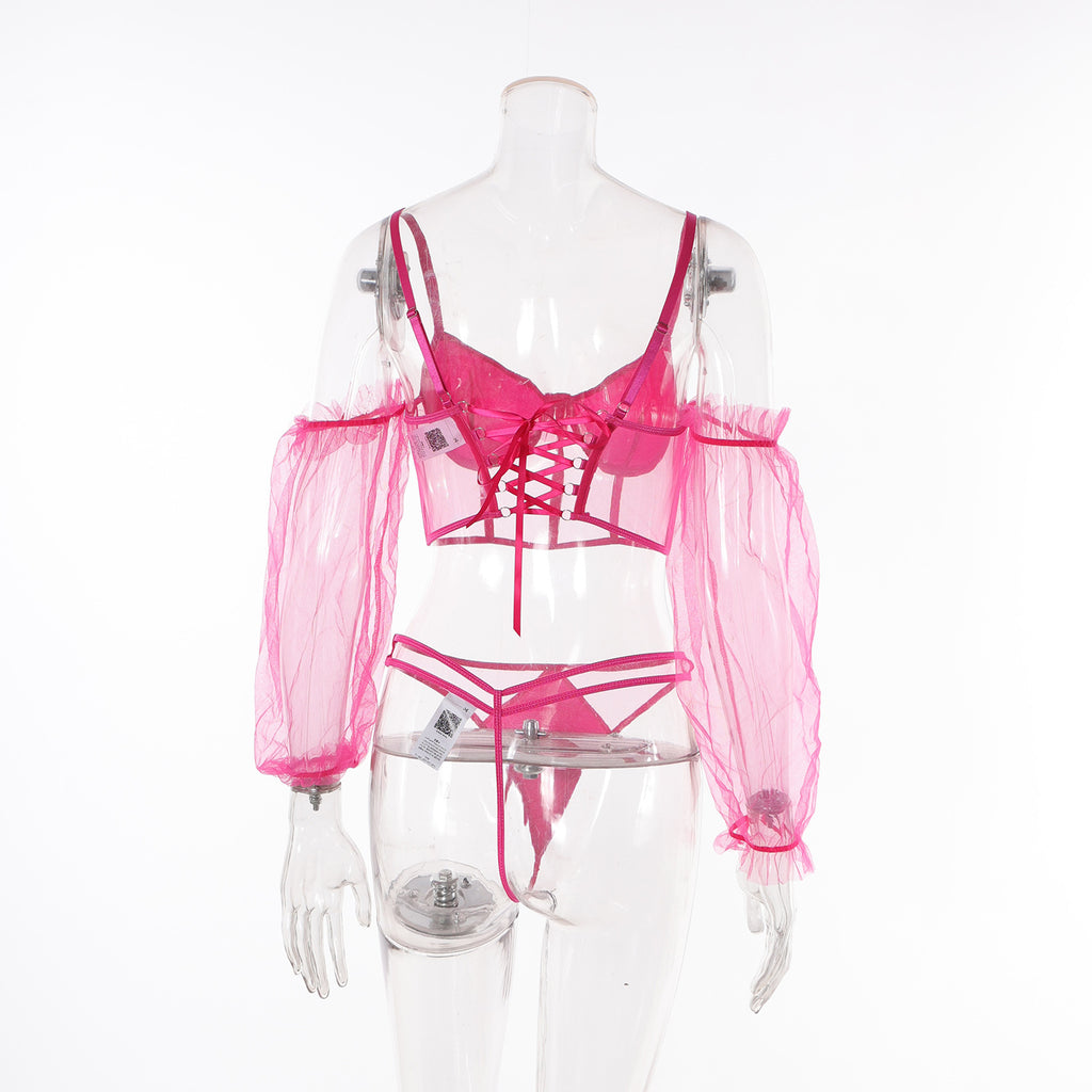 Pink Sexy See Through Mesh Metal Chain Long Sleeves Lingerie Set