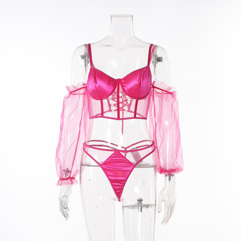 Pink Sexy See Through Mesh Metal Chain Long Sleeves Lingerie Set
