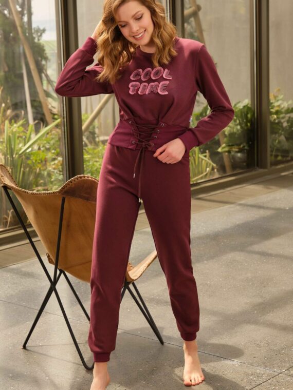 Anil Women’s Cotton Chest Embroidered Waist Detailed Long Sleeve Sweatshirt And Pants Pajama Set