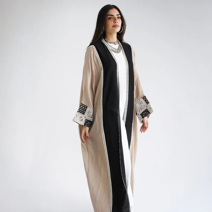 Black & beige embroidered abaya