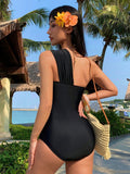 DAZY Women Solid Color Asymmetric Neck Hollow One-Piece