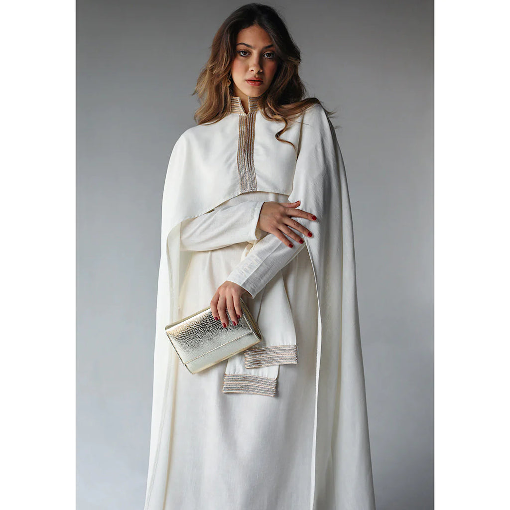 Linen blend embroidered cape kaftan