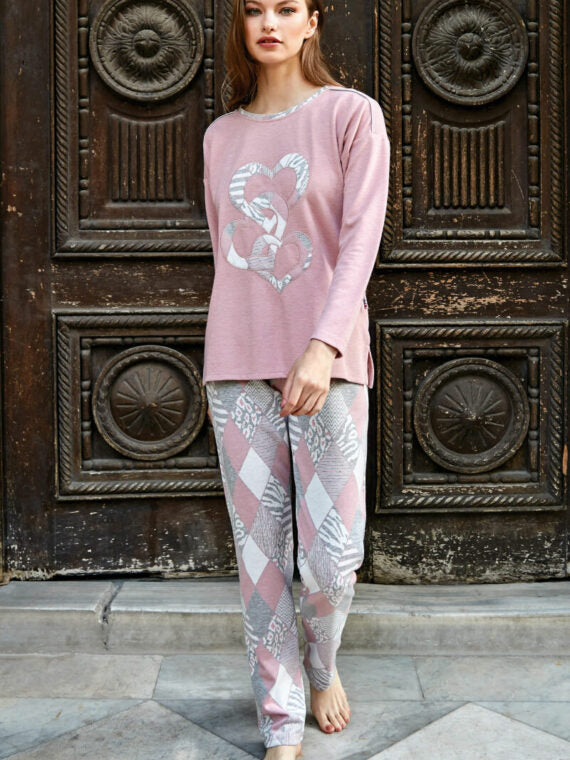 Anil Women’s Viscose Chest Embroidery Long Sleeve Sweatshirt & Plaid Pants Set