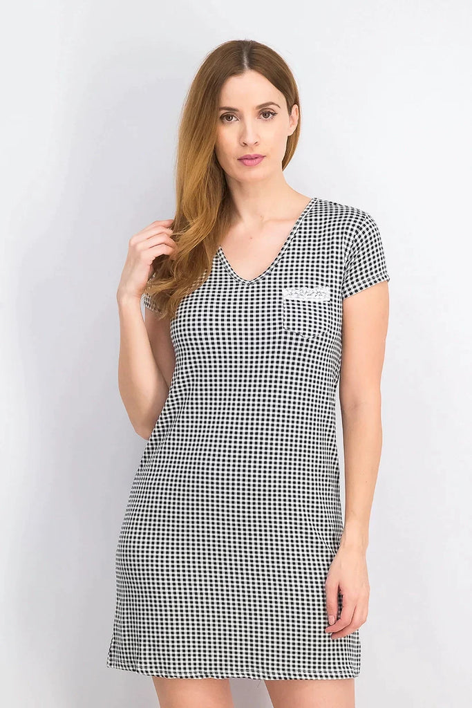 Joan Vass Egypt Women's Short Sleeve Micro Checkered Sleepwear Dress, Black Combo