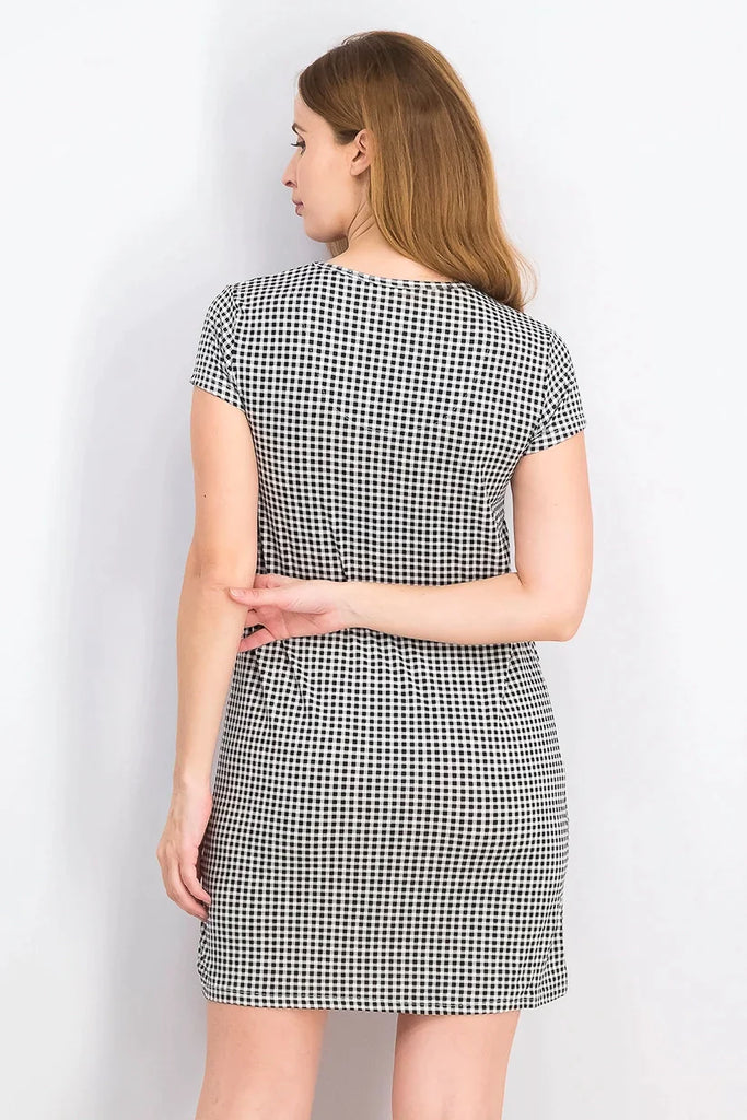 Joan Vass Egypt Women's Short Sleeve Micro Checkered Sleepwear Dress, Black Combo